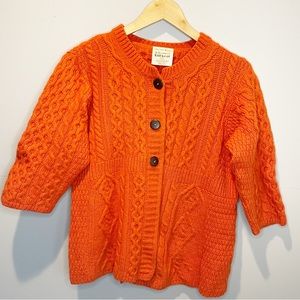 Kilronan Knitwear Made in Ireland Orange Wool Cable Knit Cardigan Sweater - M